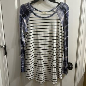 REB & J. Navy & White Stripe Long Sleeve Tunic Length Tee with Tie Dye Sleeves